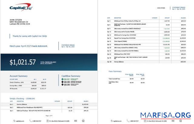 Printable USA Capital One statement account word 2 pages sample